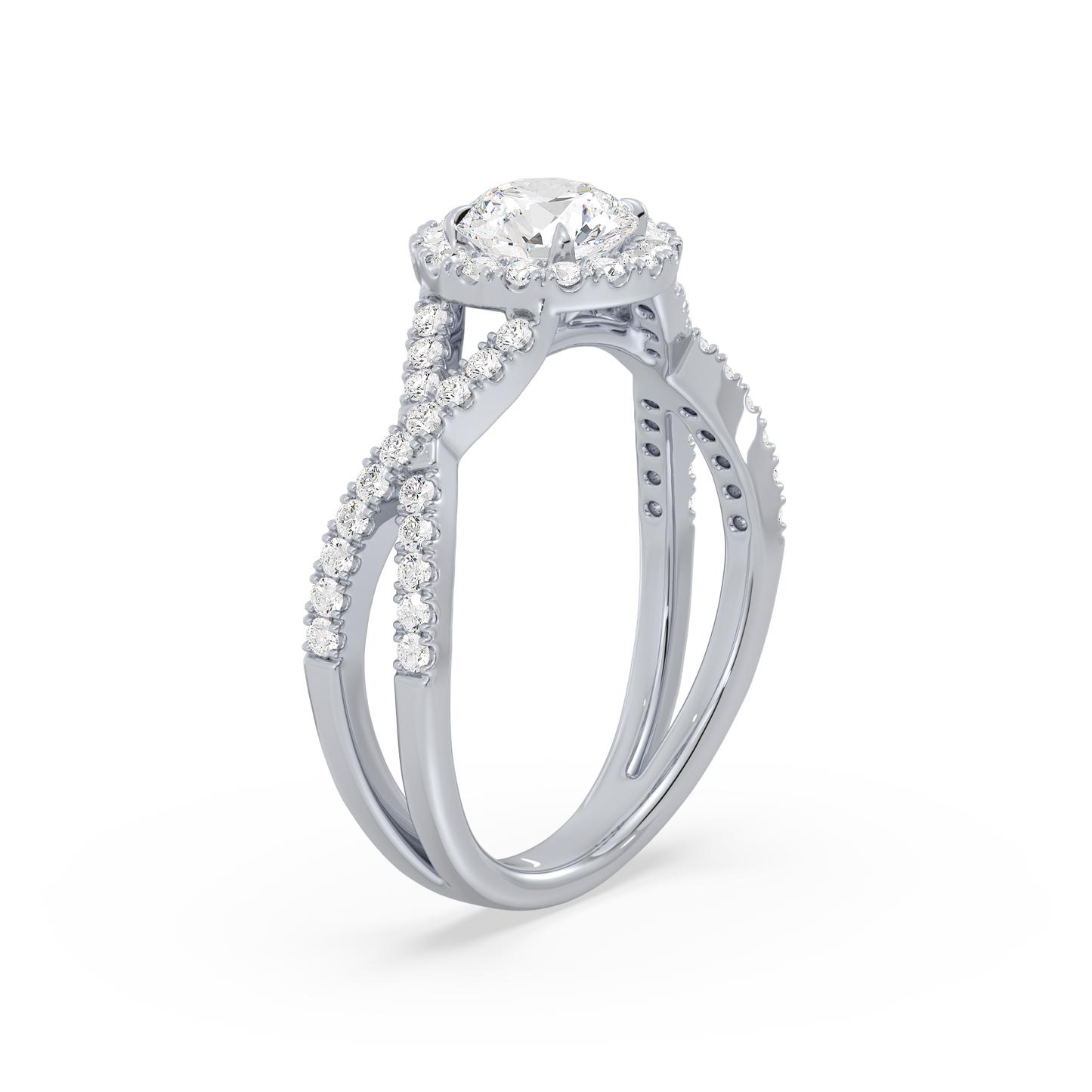 Crossover Halo Shank Round Solitaire Ring