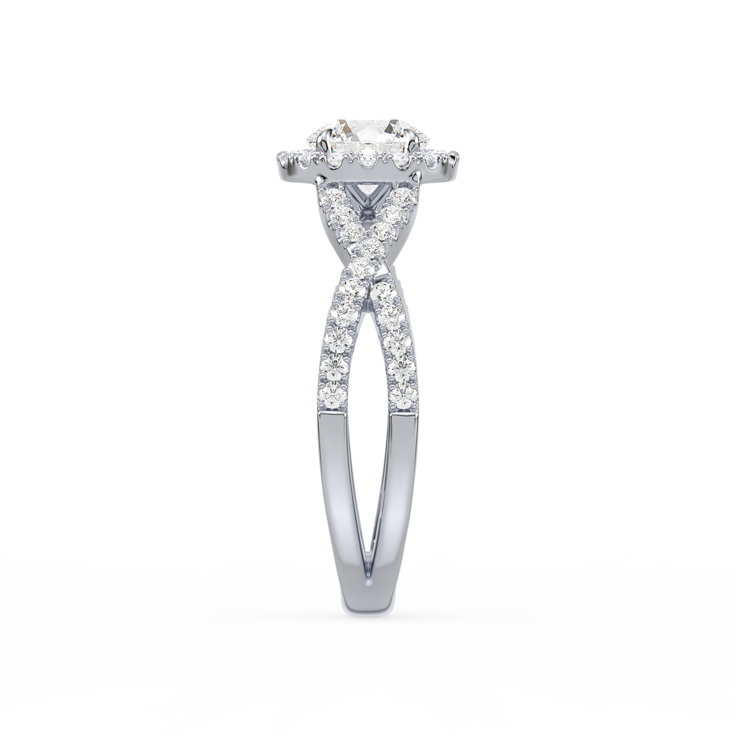 Crossover Halo Shank Round Solitaire Ring