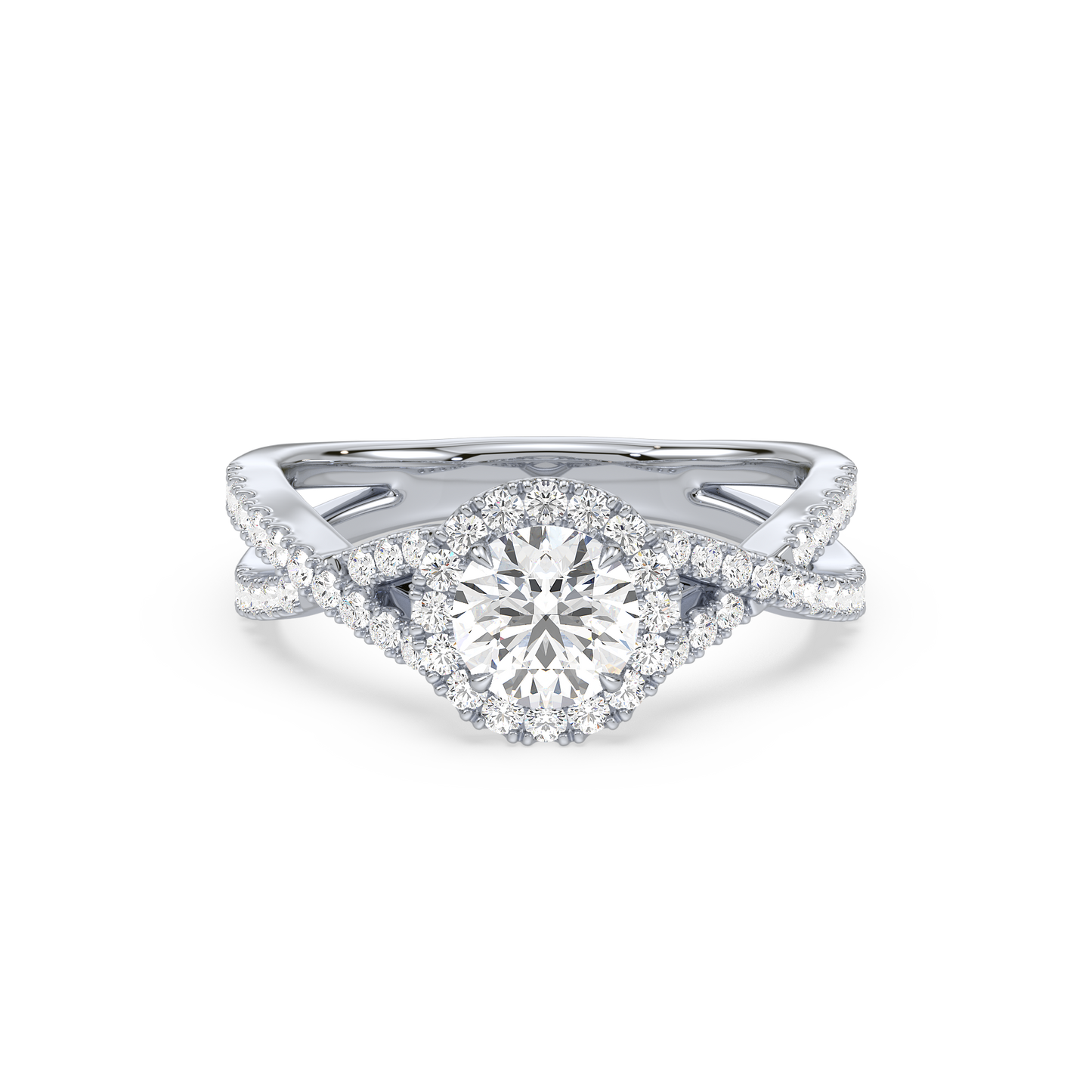 Crossover Halo Shank Round Solitaire Ring