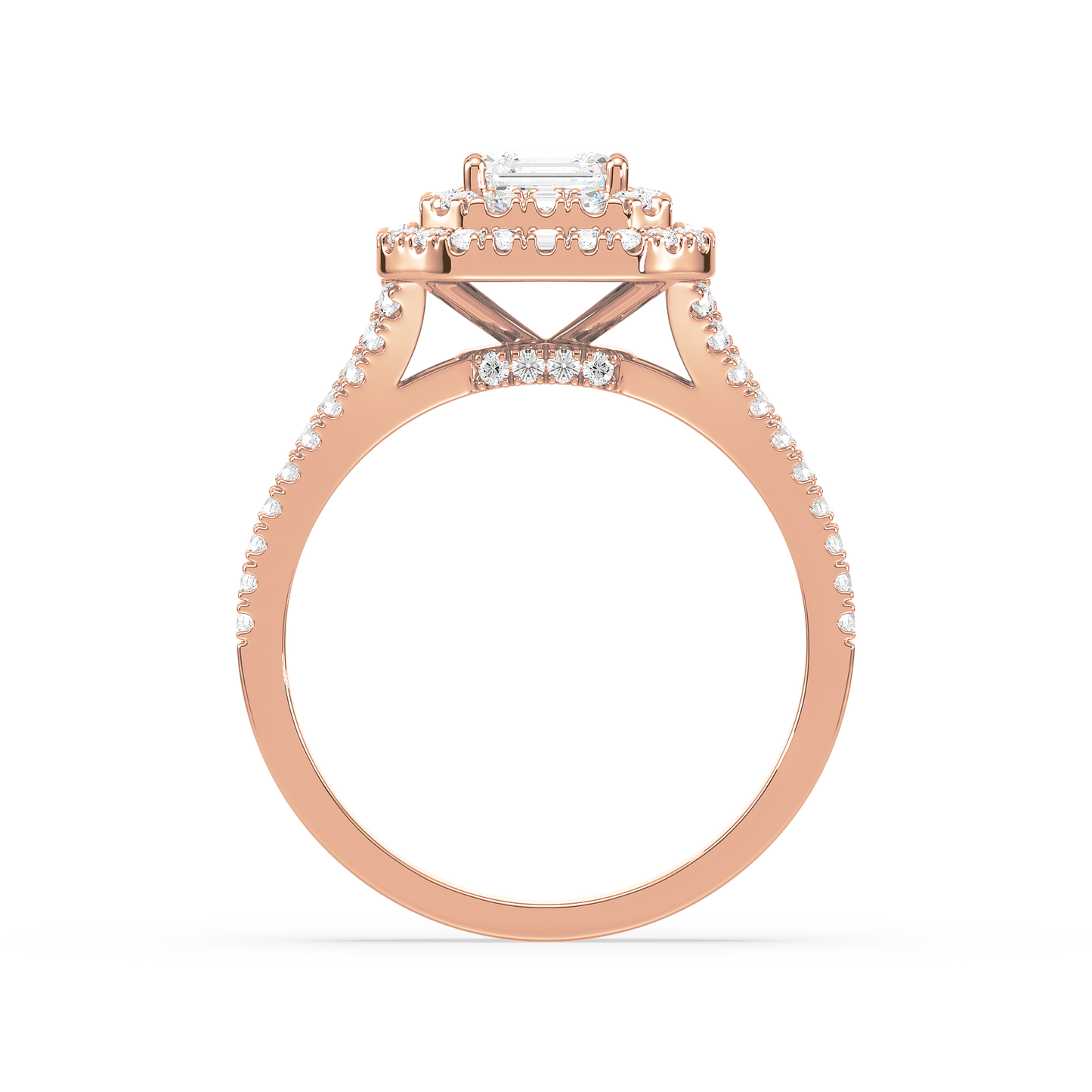 Emerald Solitaire Double Halo Shank Ring