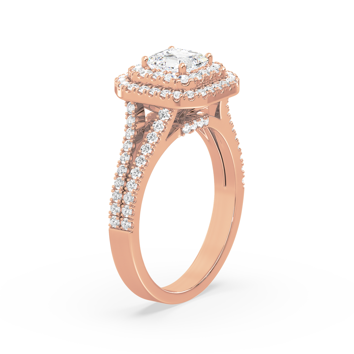 Emerald Solitaire Double Halo Shank Ring