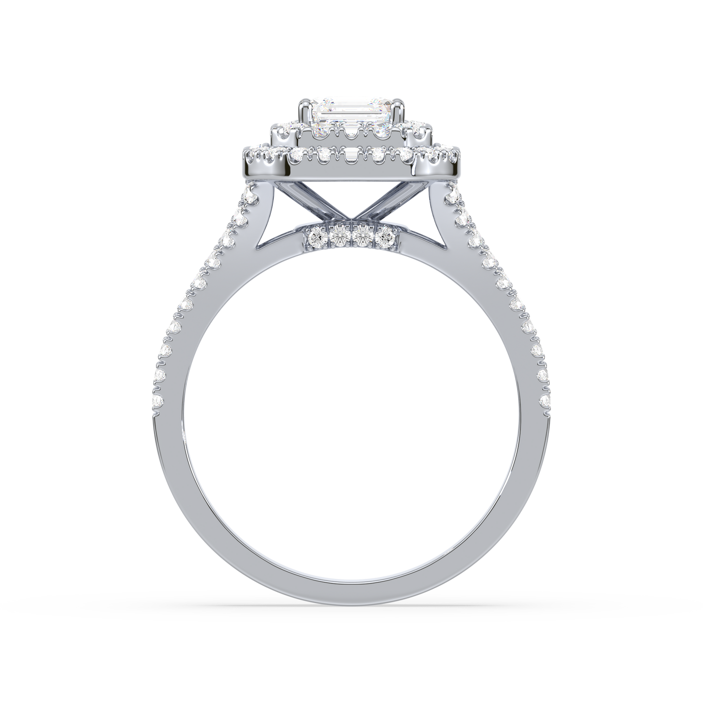 Emerald Solitaire Double Halo Shank Ring