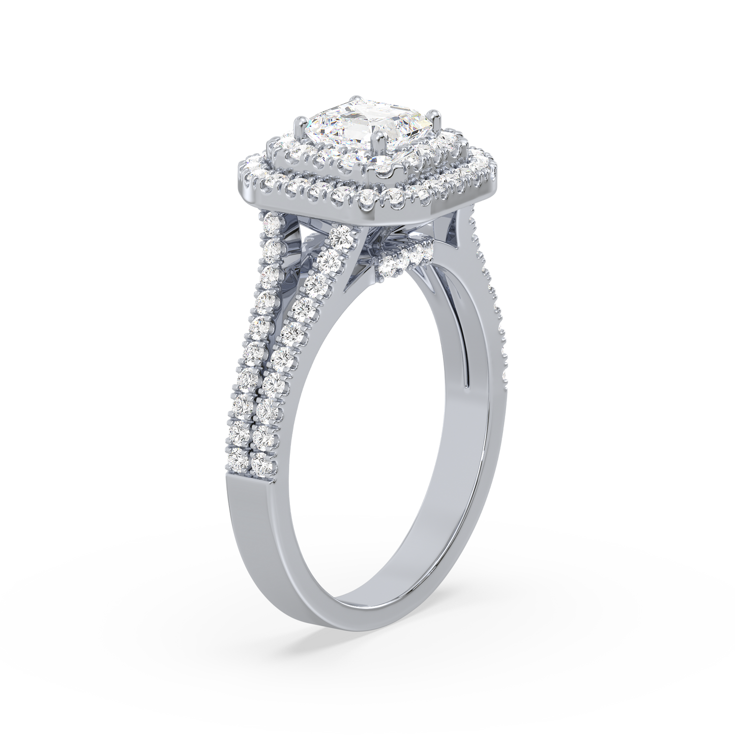Emerald Solitaire Double Halo Shank Ring