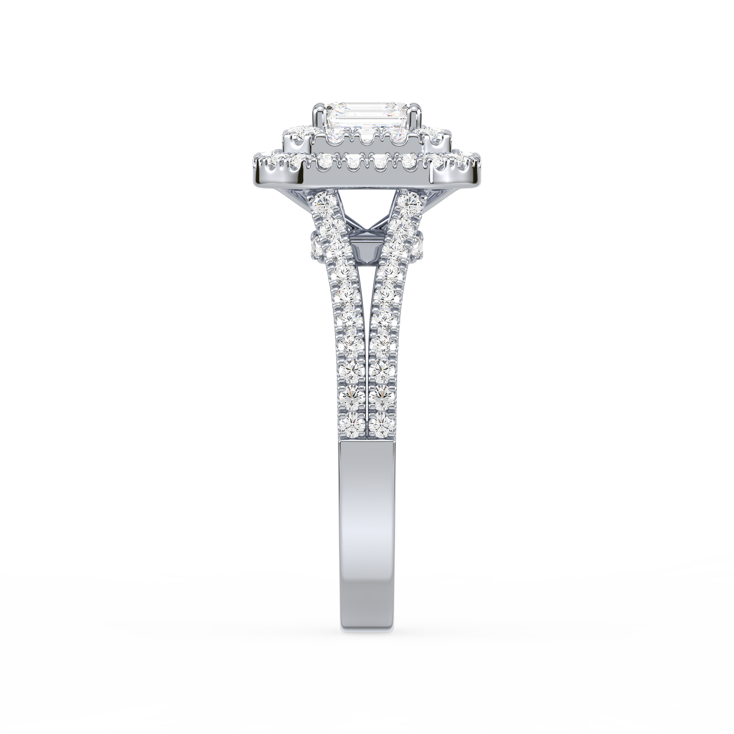 Emerald Solitaire Double Halo Shank Ring