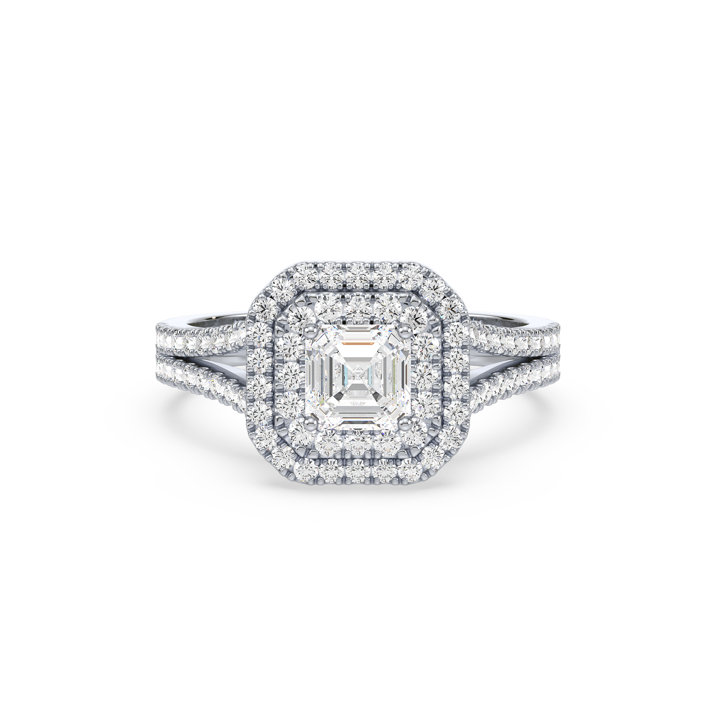 Emerald Solitaire Double Halo Shank Ring