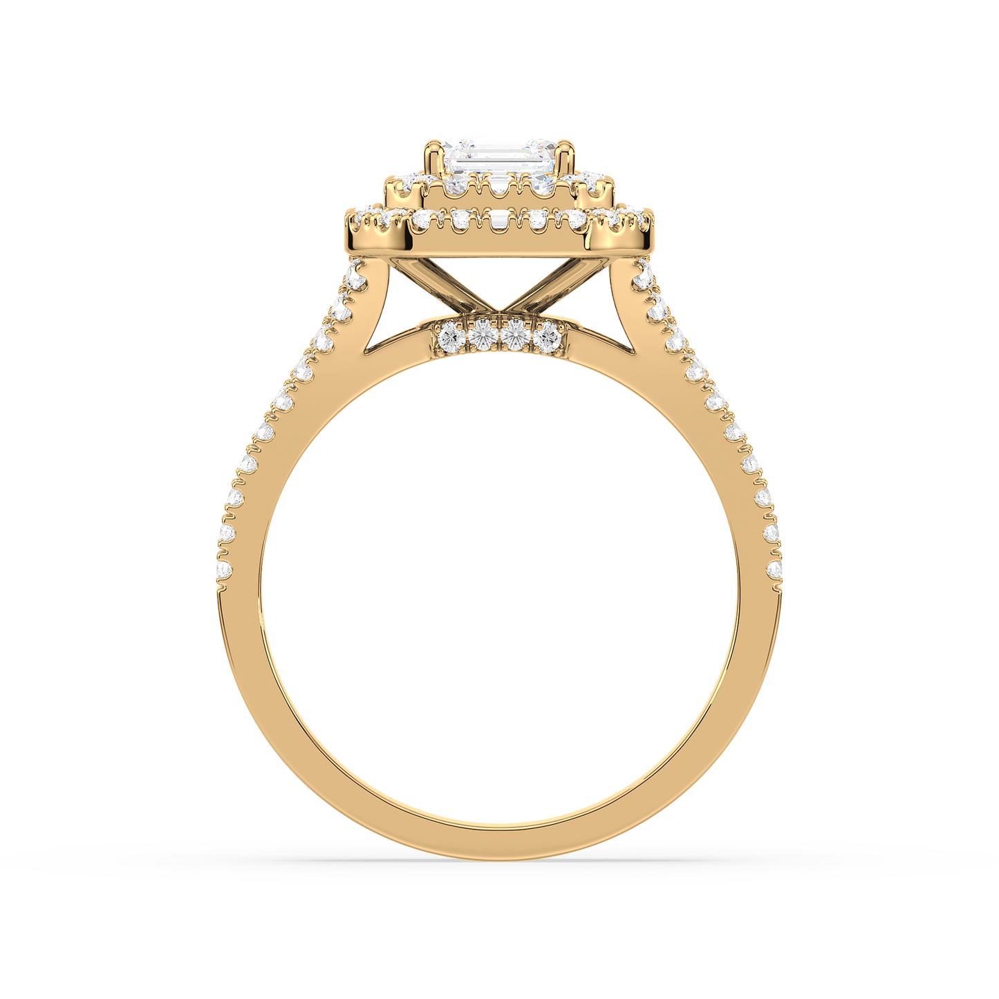 Emerald Solitaire Double Halo Shank Ring