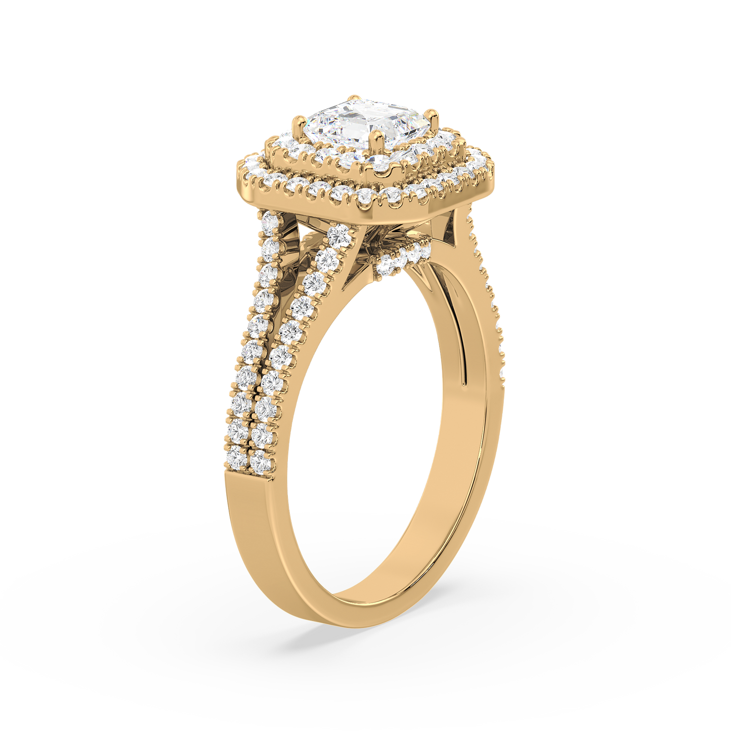 Emerald Solitaire Double Halo Shank Ring