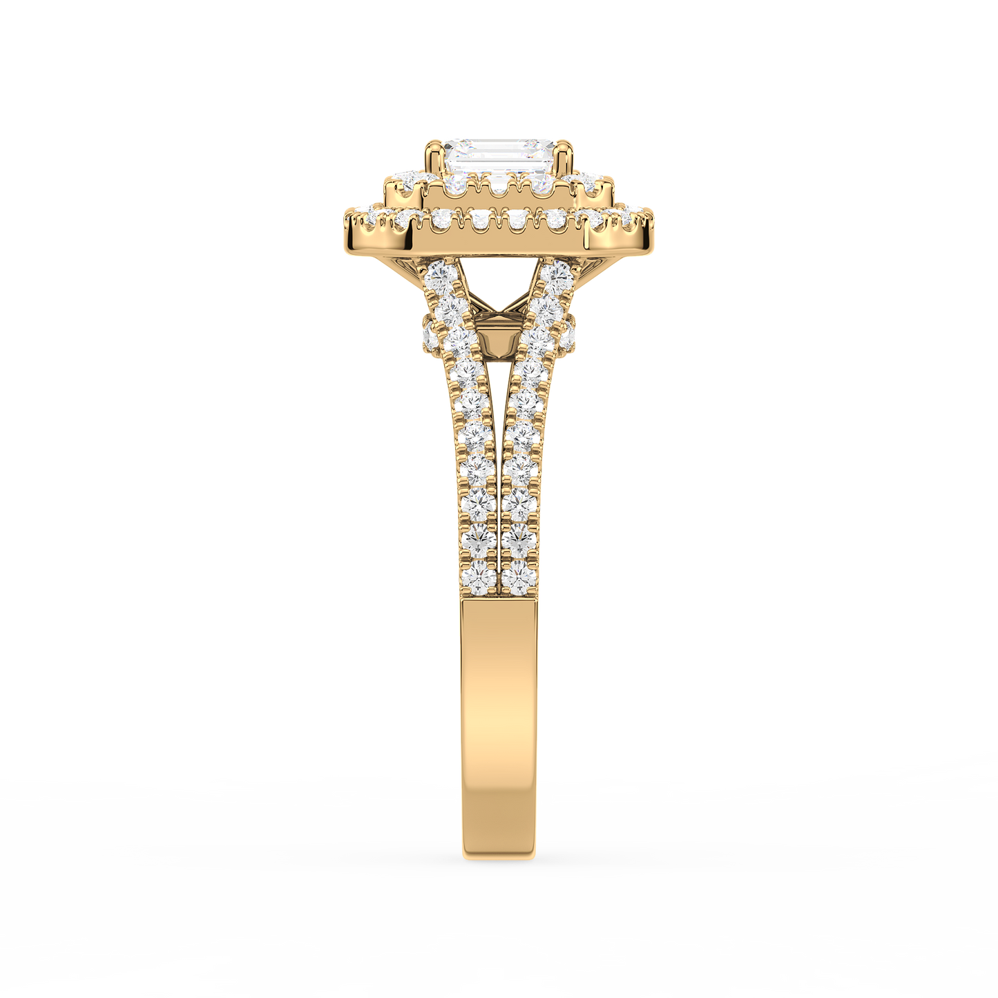 Emerald Solitaire Double Halo Shank Ring