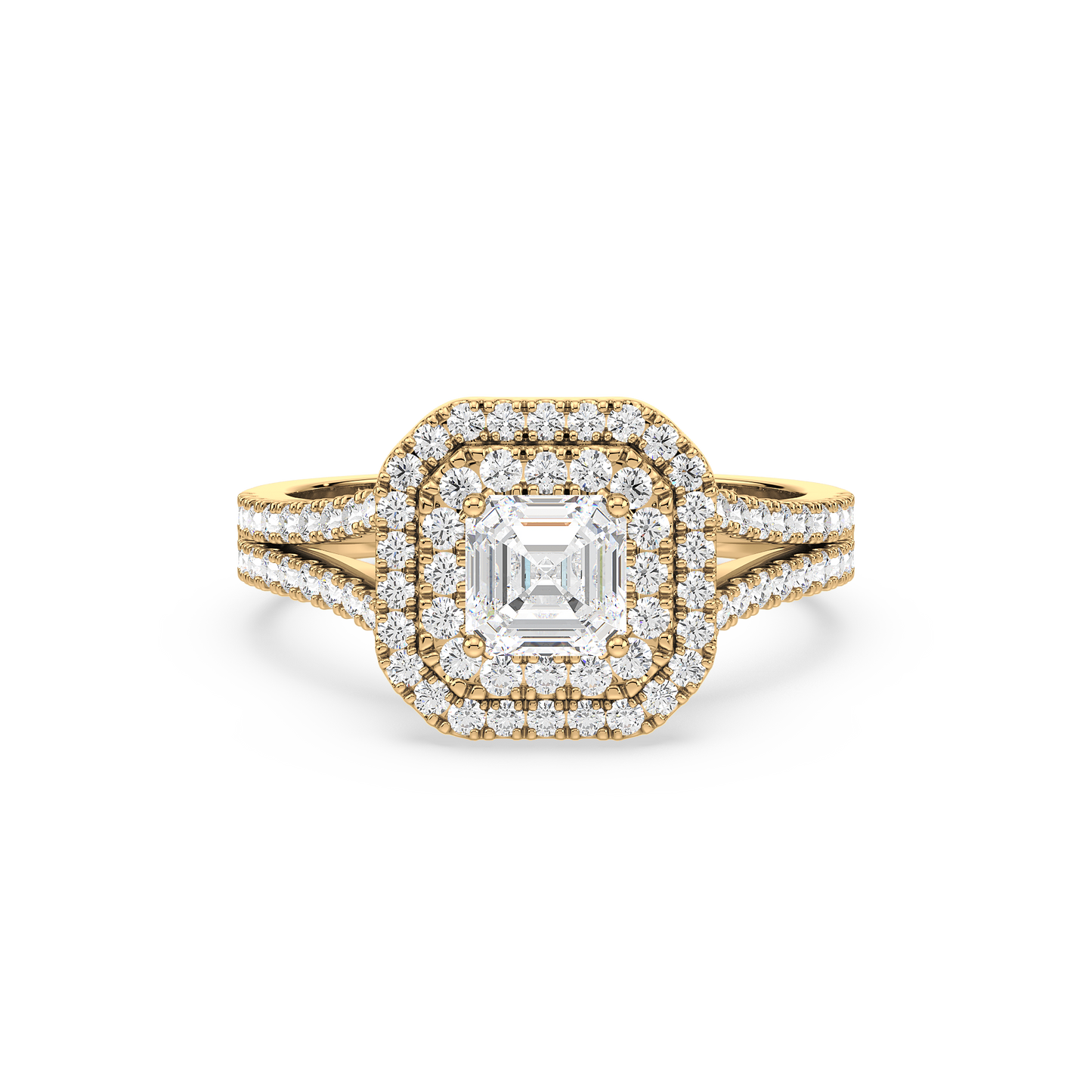 Emerald Solitaire Double Halo Shank Ring