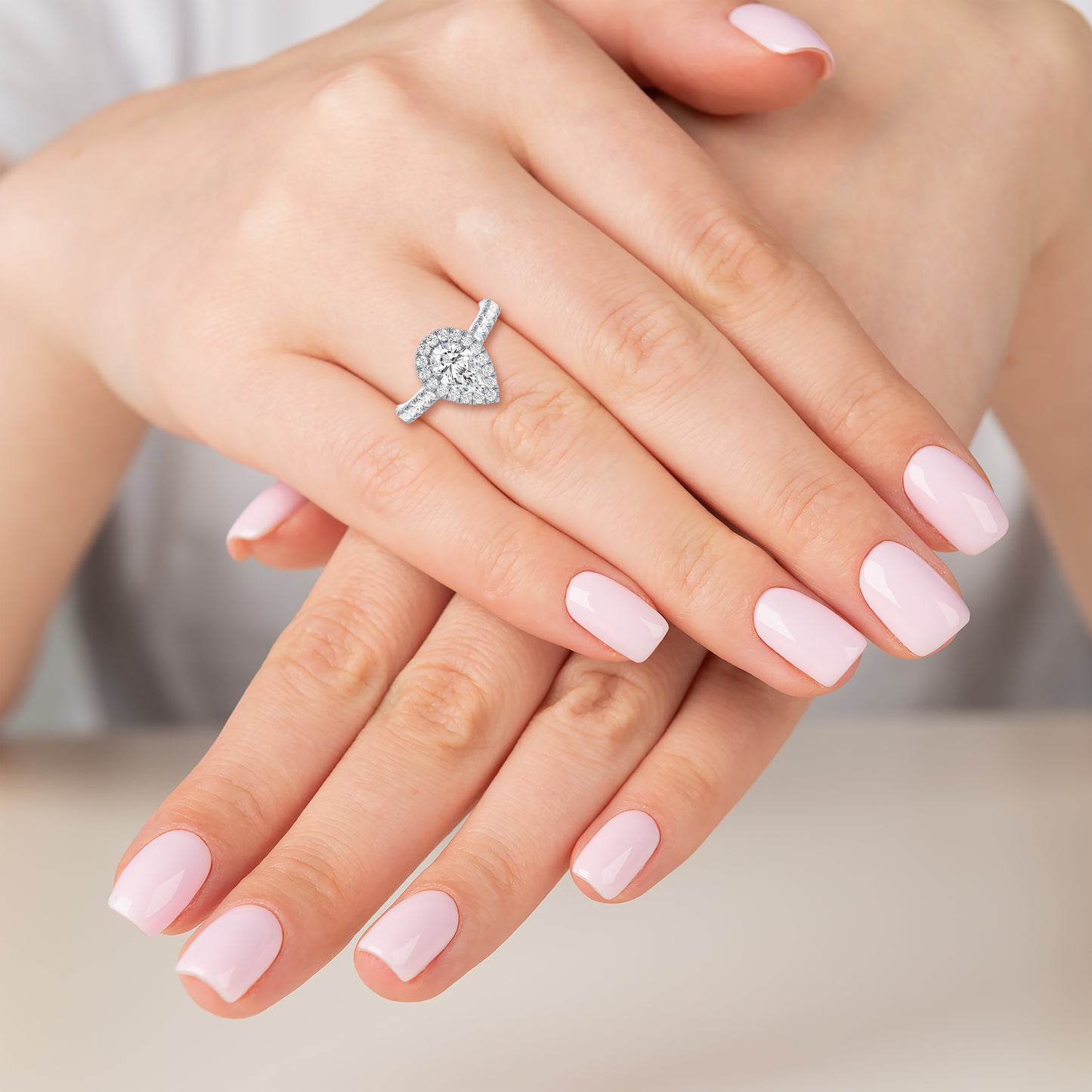 Pear Solitaire Halo Shank Ring