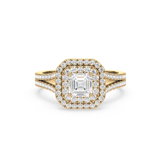 Emerald Solitaire Double Halo Shank Ring